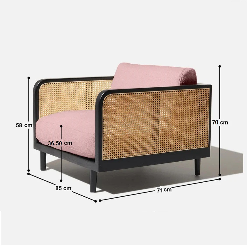 DEMIWALL Solid Wood Single Seater Sofa Set  Rattan Caning Sofa Home Furniture Living Room || Black Finish