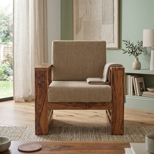 Aspen Sheesham Solid Wood 1 Seater Sofa Set In Natural Teak Finish