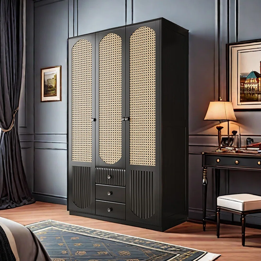 Solid Mango Wood Almirah | 3 Door Wardrobe With Cane Design In black Finish