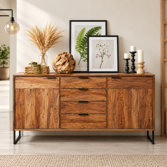 A mid-century modern wooden sideboard or credenza with a warm medium-brown wood grain finish, black metal legs, and black drawer pulls, styled in a bright room with framed botanical prints, candles, and dried grass.