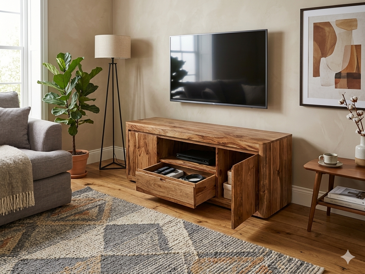 Segur Sheesham Wood 2 Door 2 Drawer With Open Self Tv Cabinet #006
