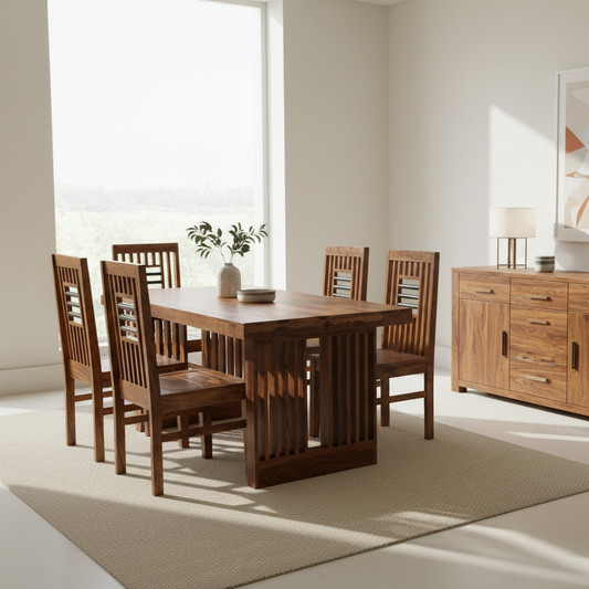 Dining room with wooden furniture including a table and chairs, and a sideboard.