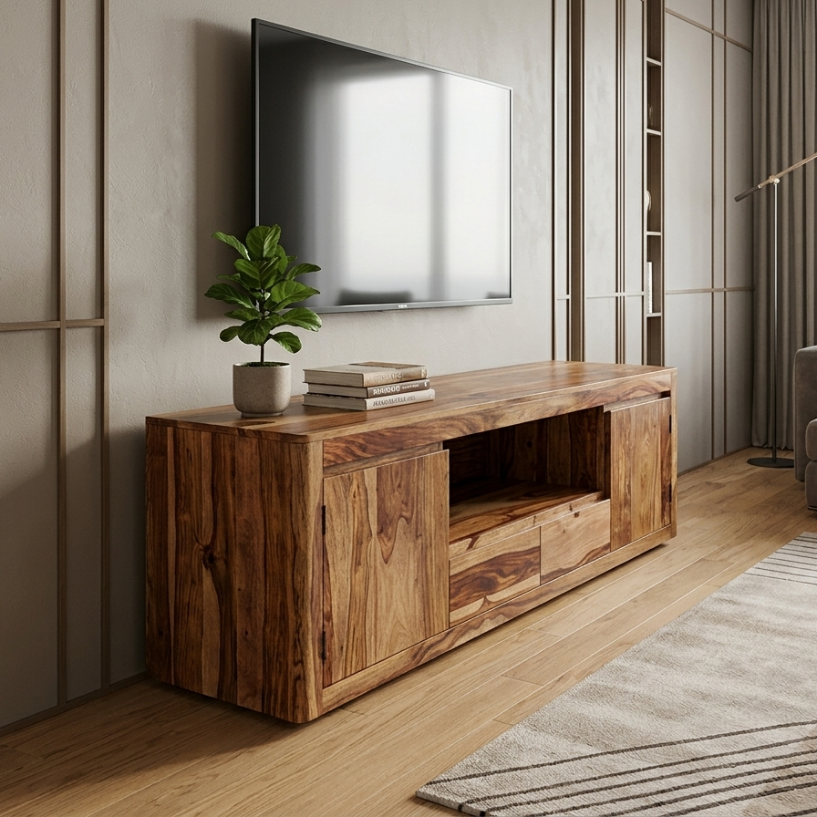 Wooden TV stand in a modern living room with a television mounted on the wall.
