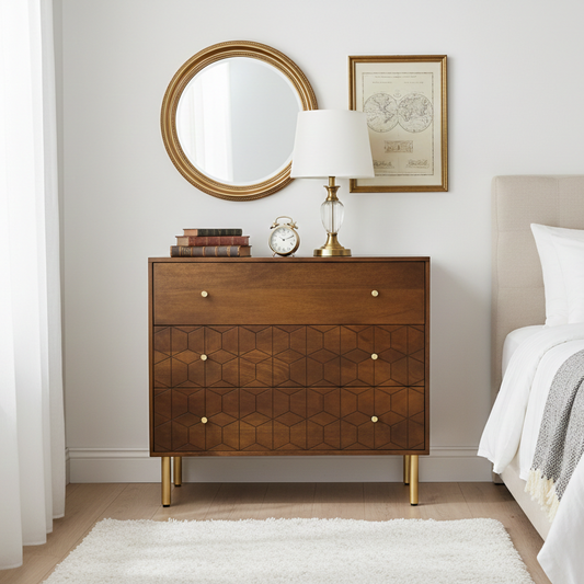 Wooden dresser next to a bed with white bedding and a lamp in a bedroom setting.