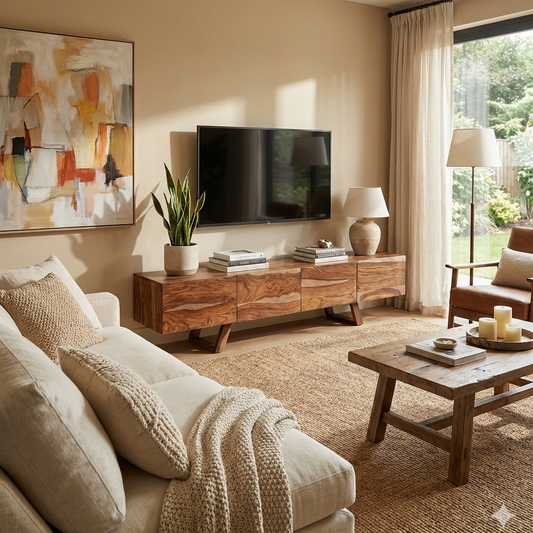 Living room with beige sofa, wooden coffee table, and TV stand.