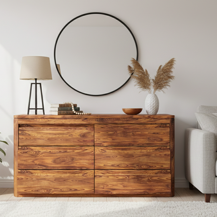 Wooden dresser in a living room with a gray sofa, round mirror, and potted plant.