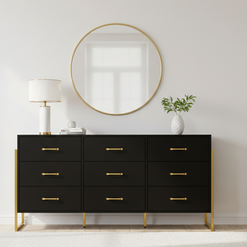 Black dresser with gold accents in a modern living room setting