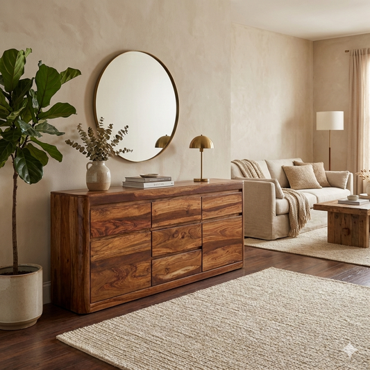 Segure Solid Wood Sheesham Wood 3 Drawers 2 Door Sideboard In Natural Finish For Living Room Furniture