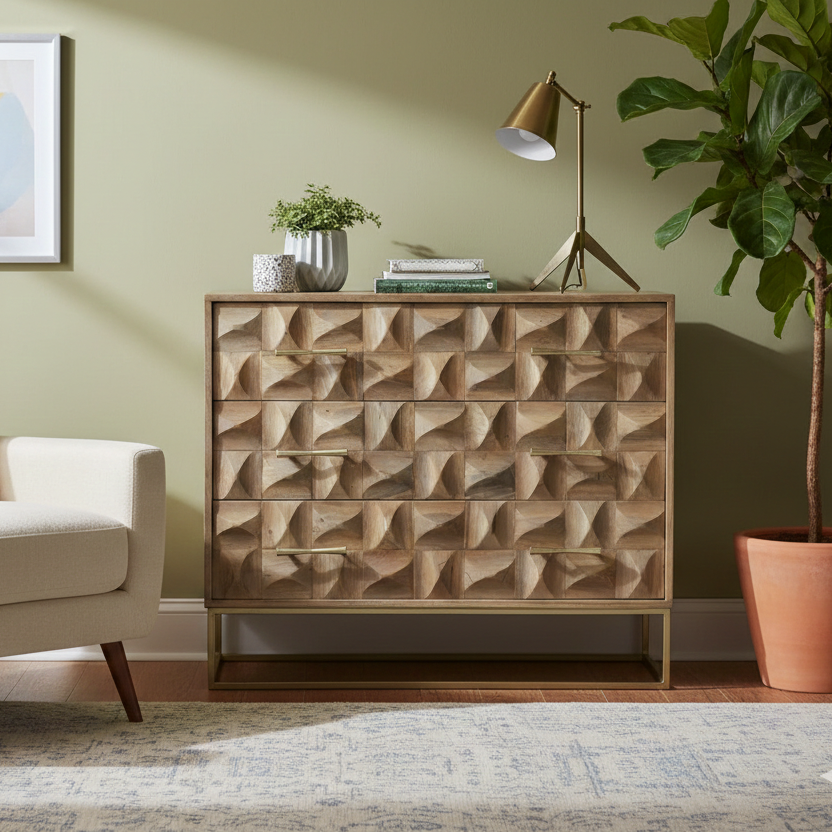 Beige armchair and wooden sideboard with geometric design in a room with a plant and abstract art.