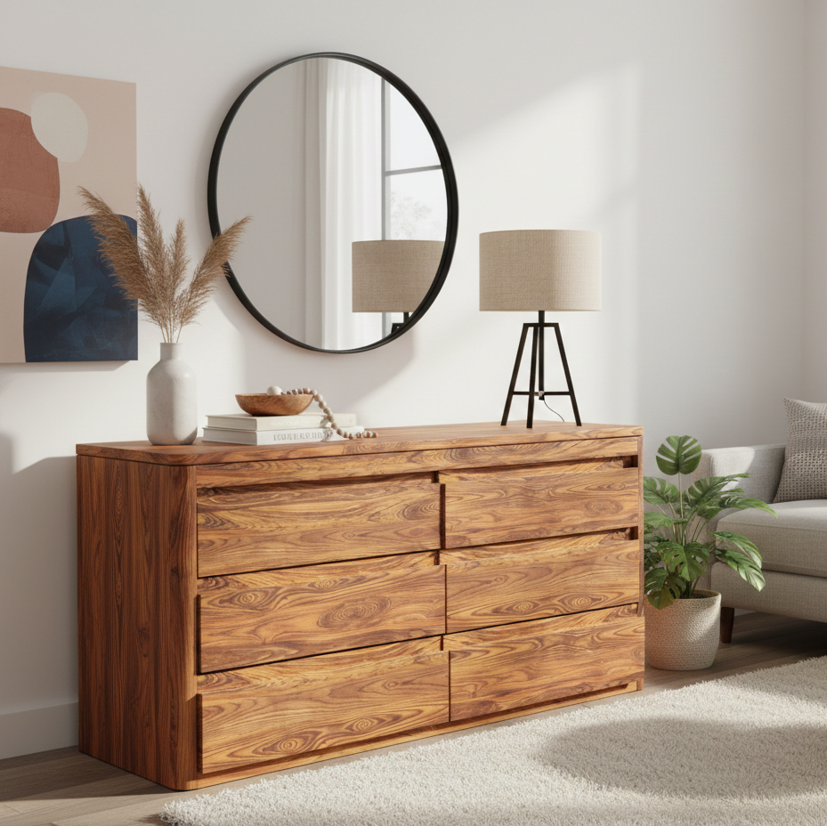 Wooden dresser in a living room with a mirror, lamp, and sofa.