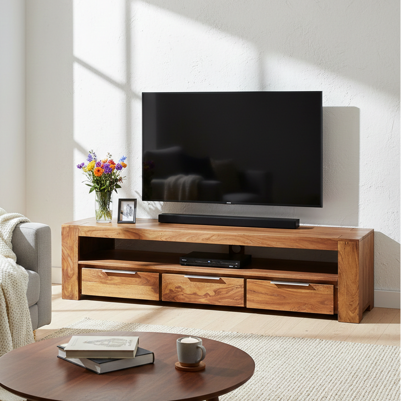Wooden TV stand with a television in a living room setting.