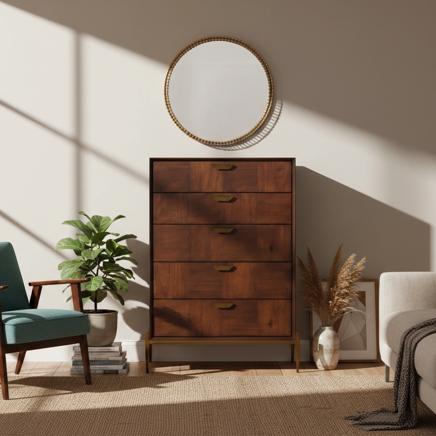 Wooden dresser in a room with chairs and decor