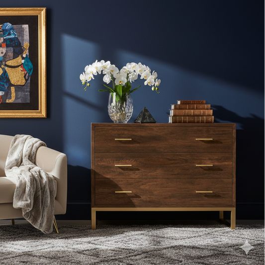 Modern living room with a beige armchair, wooden dresser, and framed artwork on a dark blue wall.