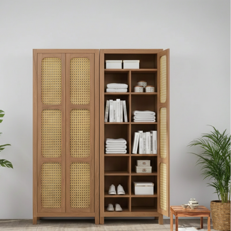 Wooden wardrobe with shelves and wicker doors in a room with plants and a rug.