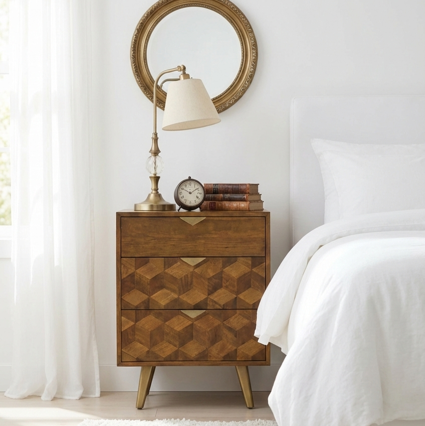 Wooden nightstand with geometric pattern next to a bed in a bedroom setting.