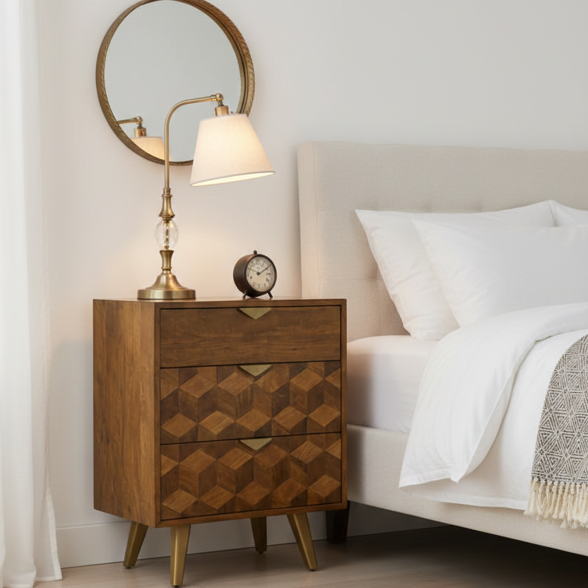 Wooden nightstand with geometric pattern next to a bed with white bedding.