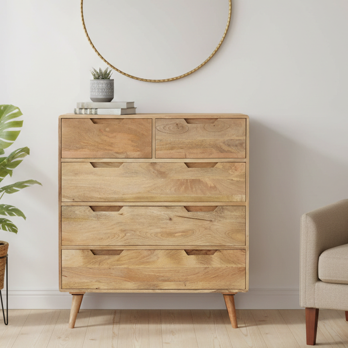 Wooden dresser in a room with a plant and chair