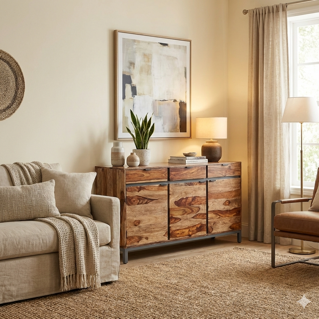 Living room with wooden sideboard, beige sofa, and armchair.