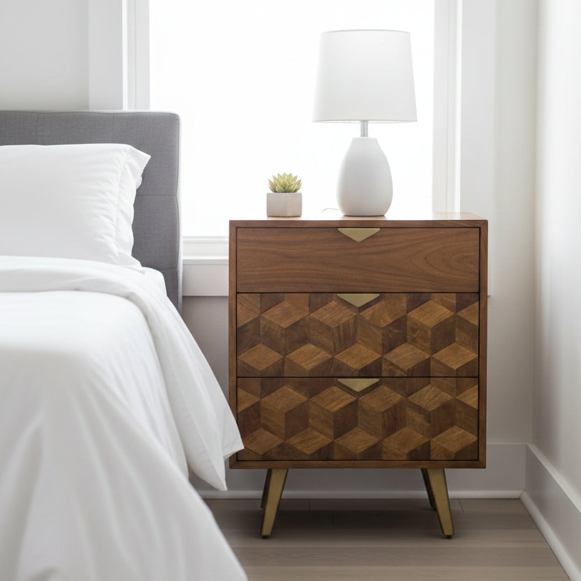 Wooden nightstand with geometric pattern next to a bed in a bright bedroom.