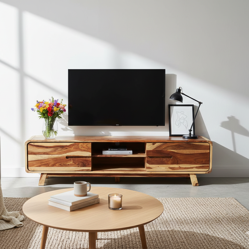 Modern living room with wooden TV stand, sofa, and coffee table.