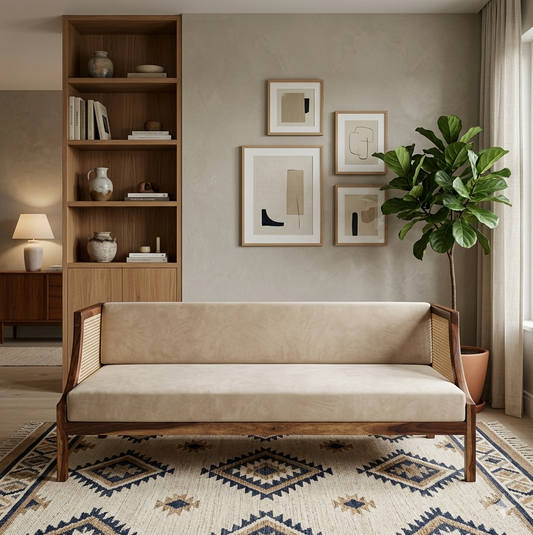 DEMIWALL Solid Sheesham Wood 3-Person Rattan Caning Sofa | Teak finish