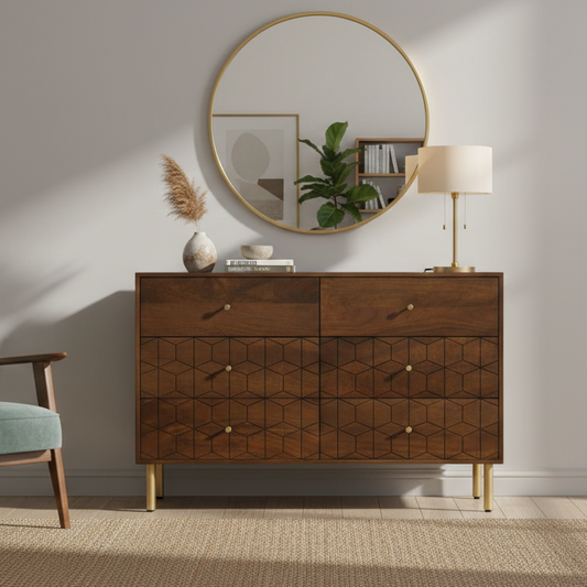 Wooden dresser with round mirror and chair in a room setting