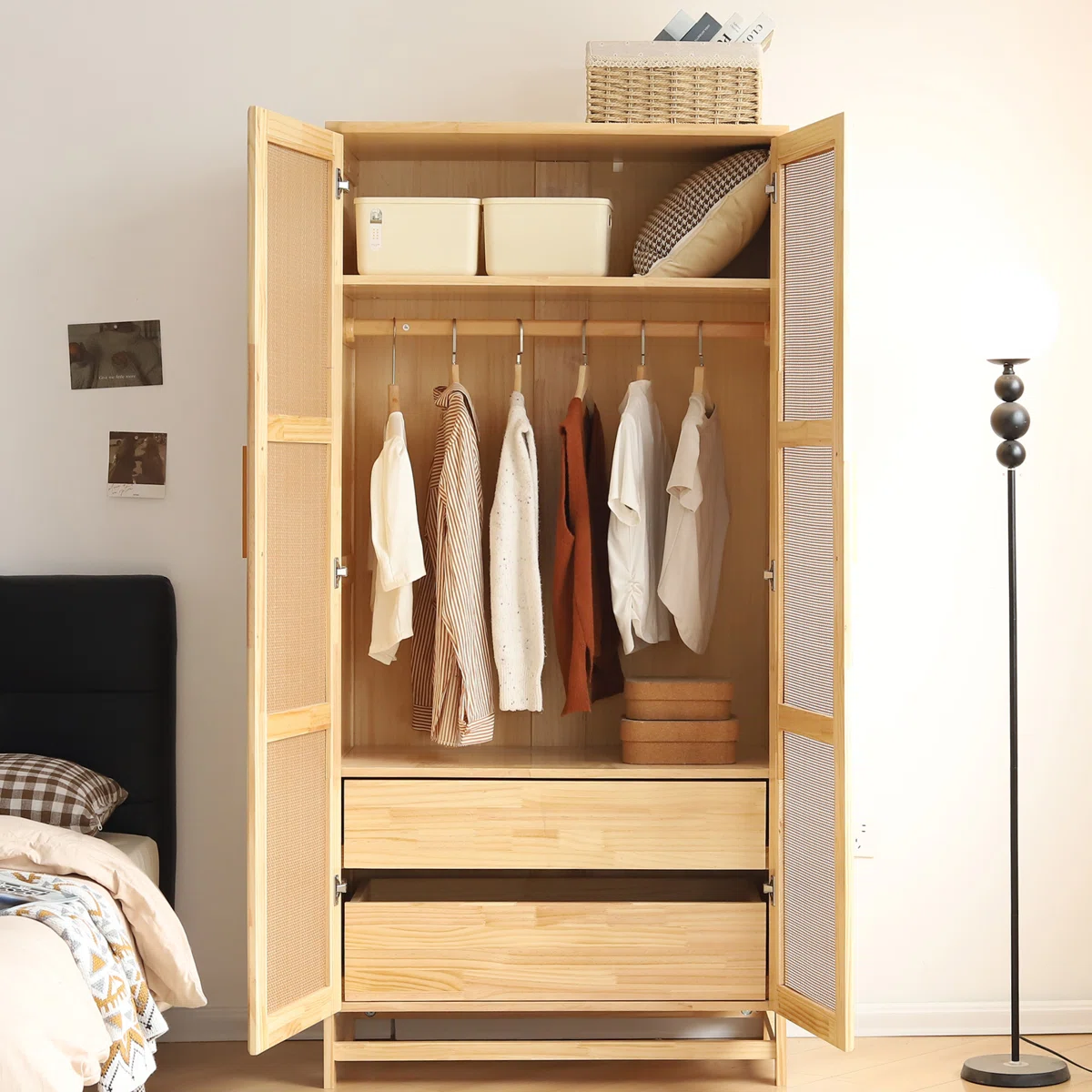 Solid Mango Wood Almirah | Two Door with Two Drawer Wardrobe In Natural Finish