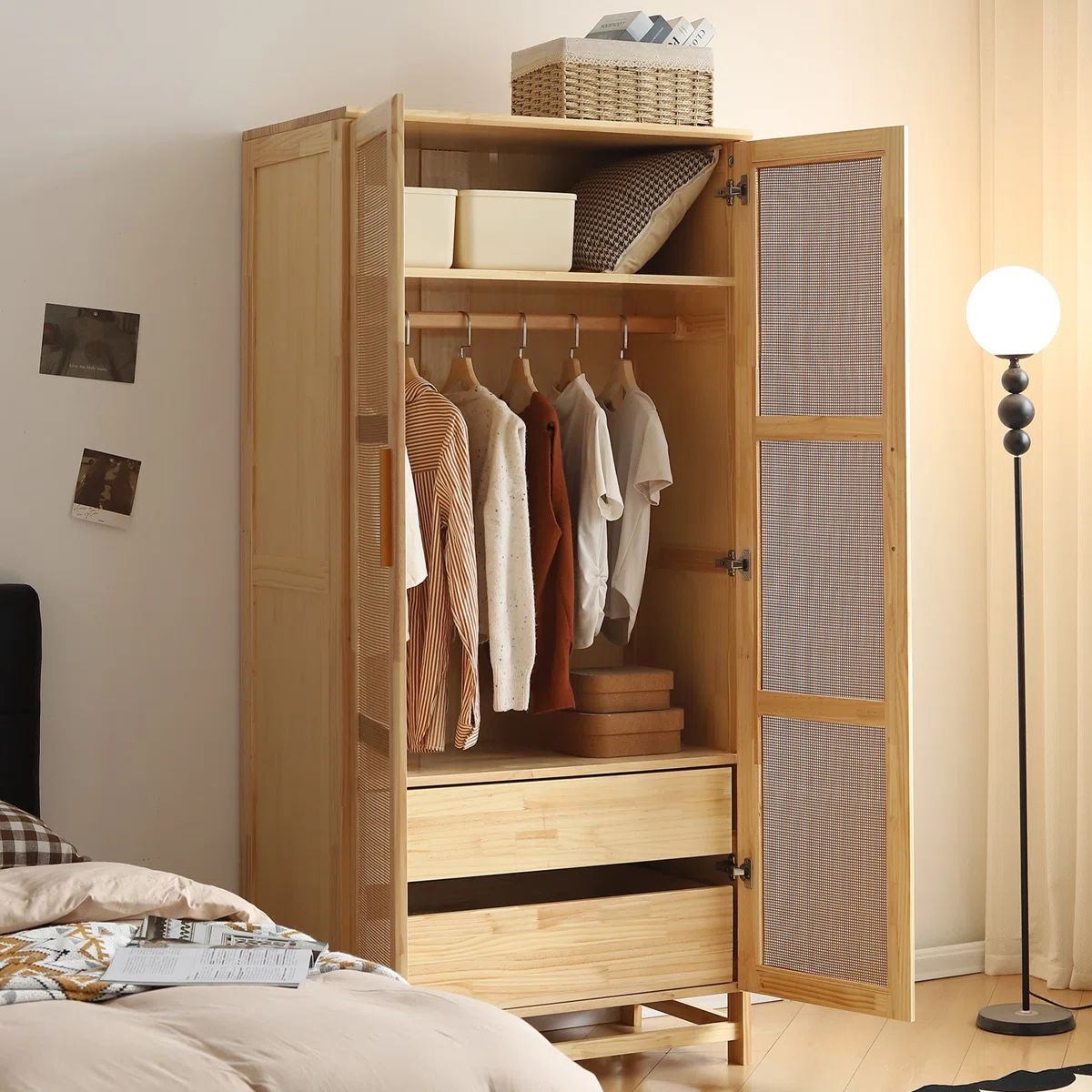 Solid Mango Wood Almirah | Two Door with Two Drawer Wardrobe In Natural Finish