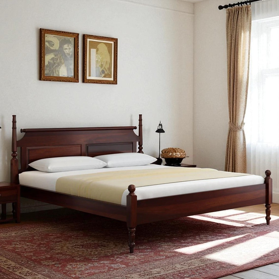 Wooden bed with white bedding in a bedroom setting