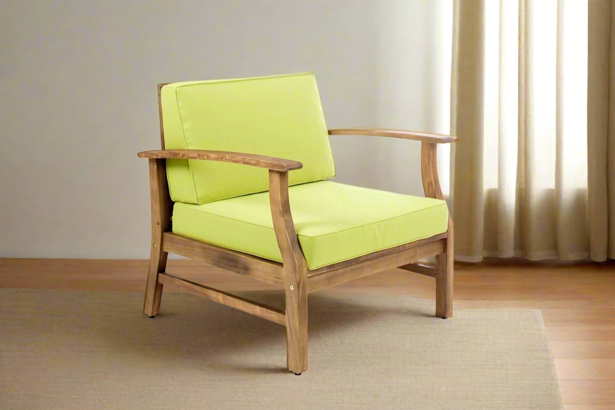 Demiwall Solid Wood Club Chairs with Teak Finish and Blue Cushions and Green