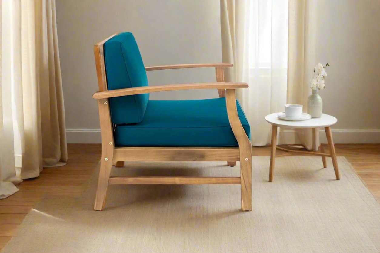 Demiwall Solid Wood Club Chairs with Teak Finish and Blue Cushions and Green