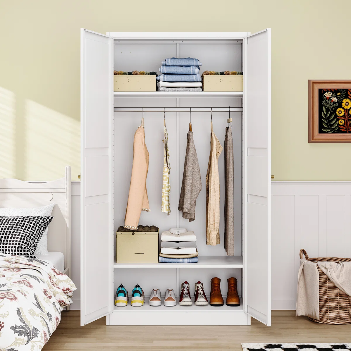 Solid Mango Wood Almirah | Two Door Wardrobe In White Finish