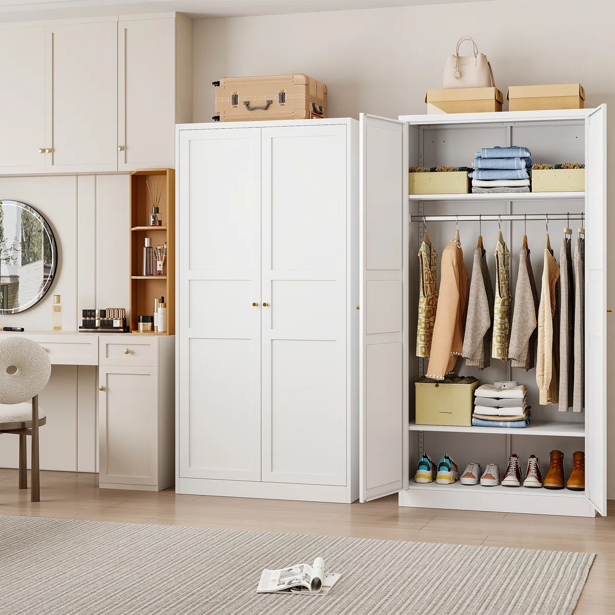Solid Mango Wood Almirah | Two Door Wardrobe In White Finish