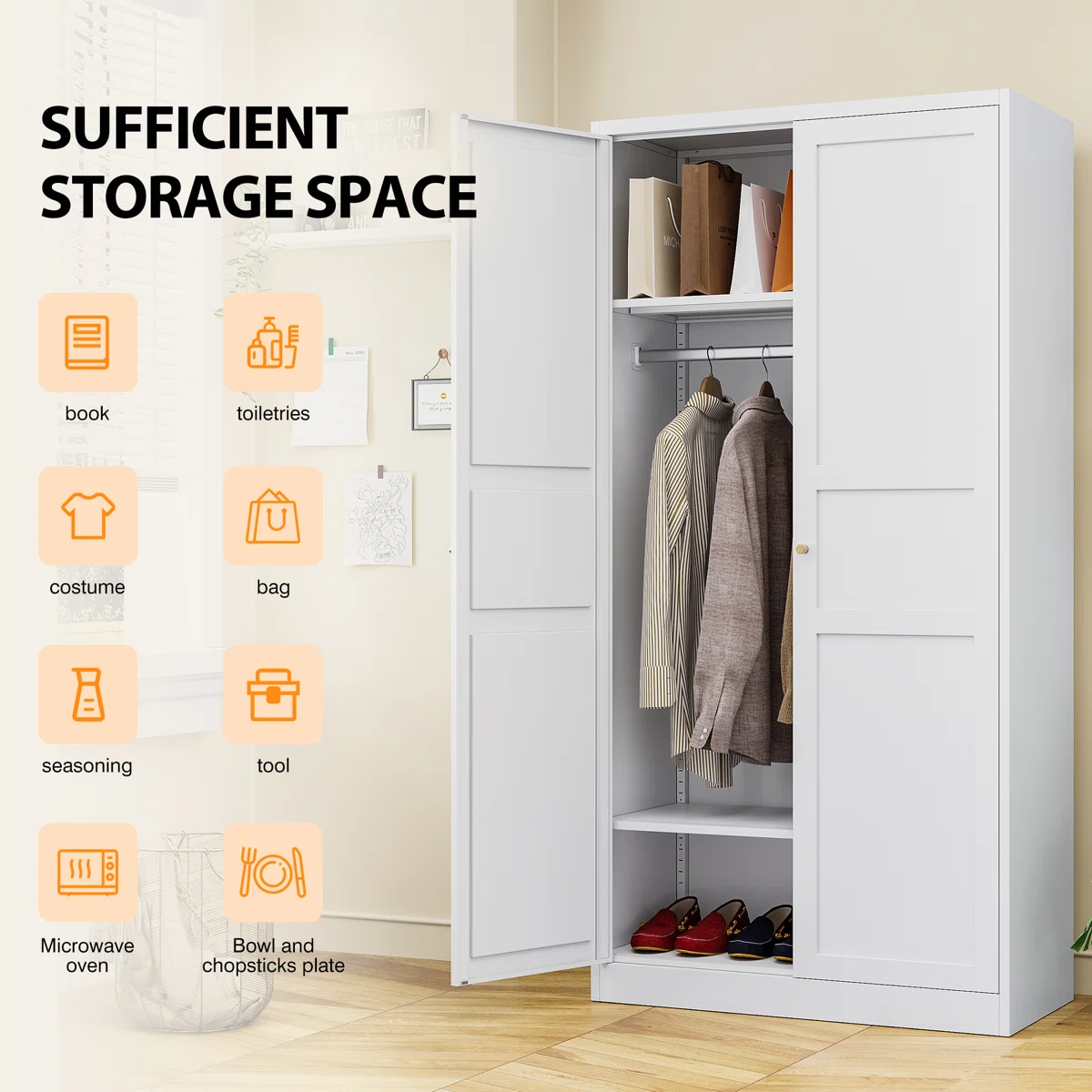 Solid Mango Wood Almirah | Two Door Wardrobe In White Finish