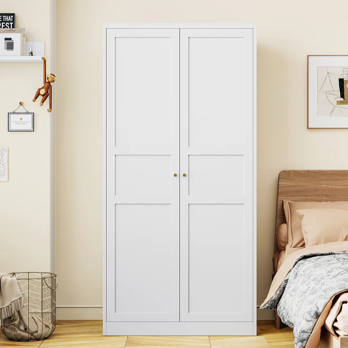 Solid Mango Wood Almirah | Two Door Wardrobe In White Finish