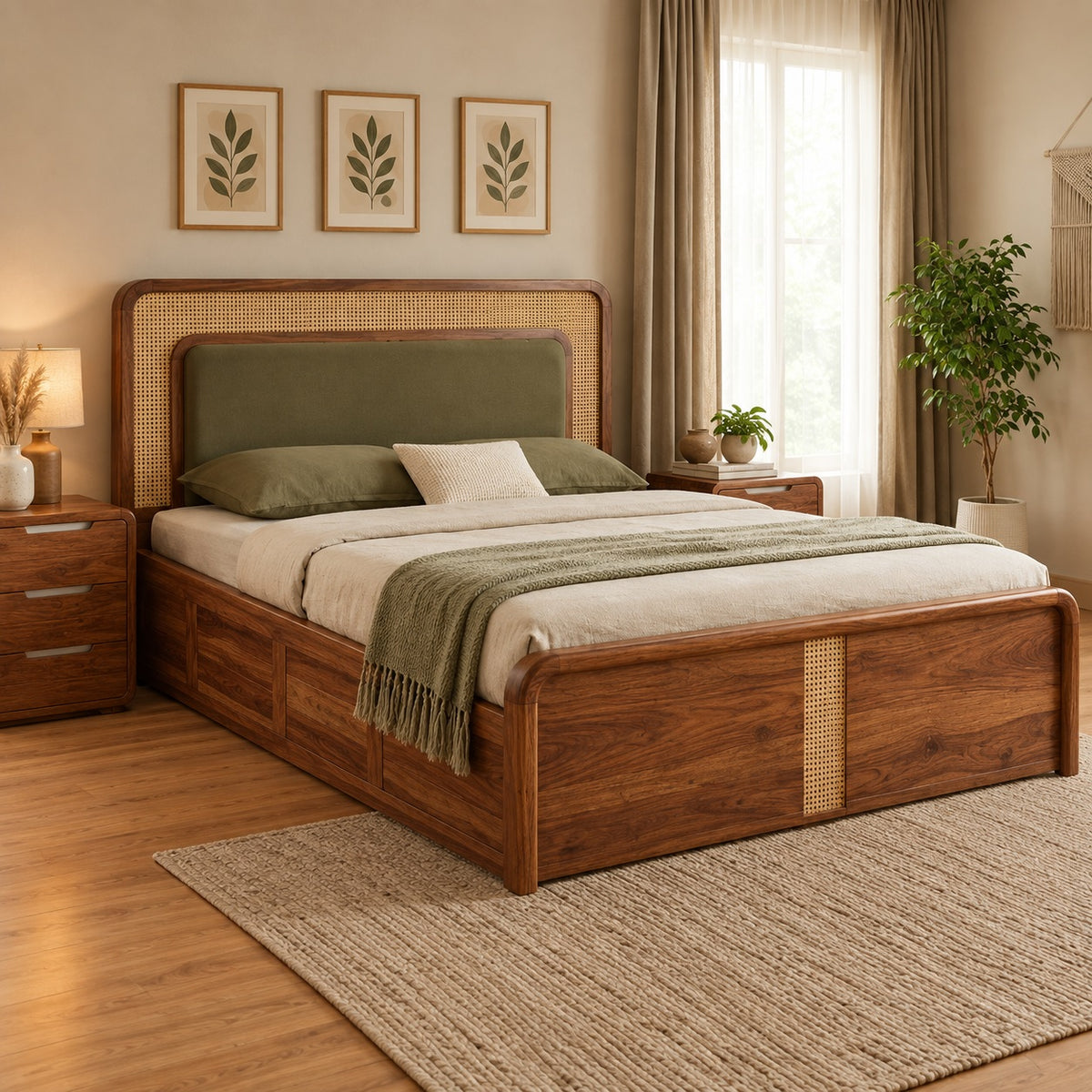 A mid-century modern wooden bed frame with a woven cane headboard and footboard, styled in a warm, neutral-toned bedroom with a green upholstered headboard panel, white bedding, and a green throw blanket.