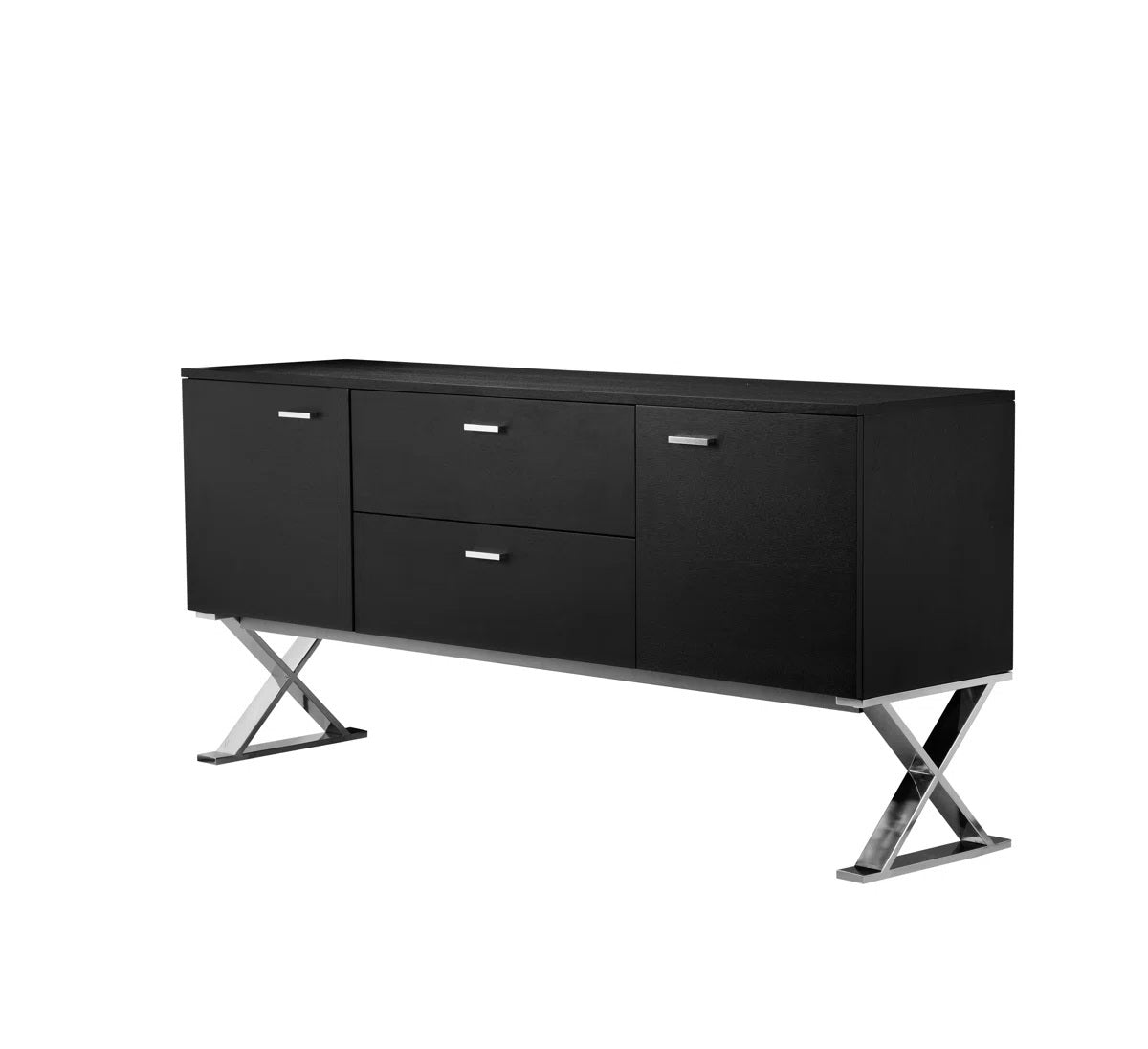 Black sideboard with silver X-shaped legs on a white background