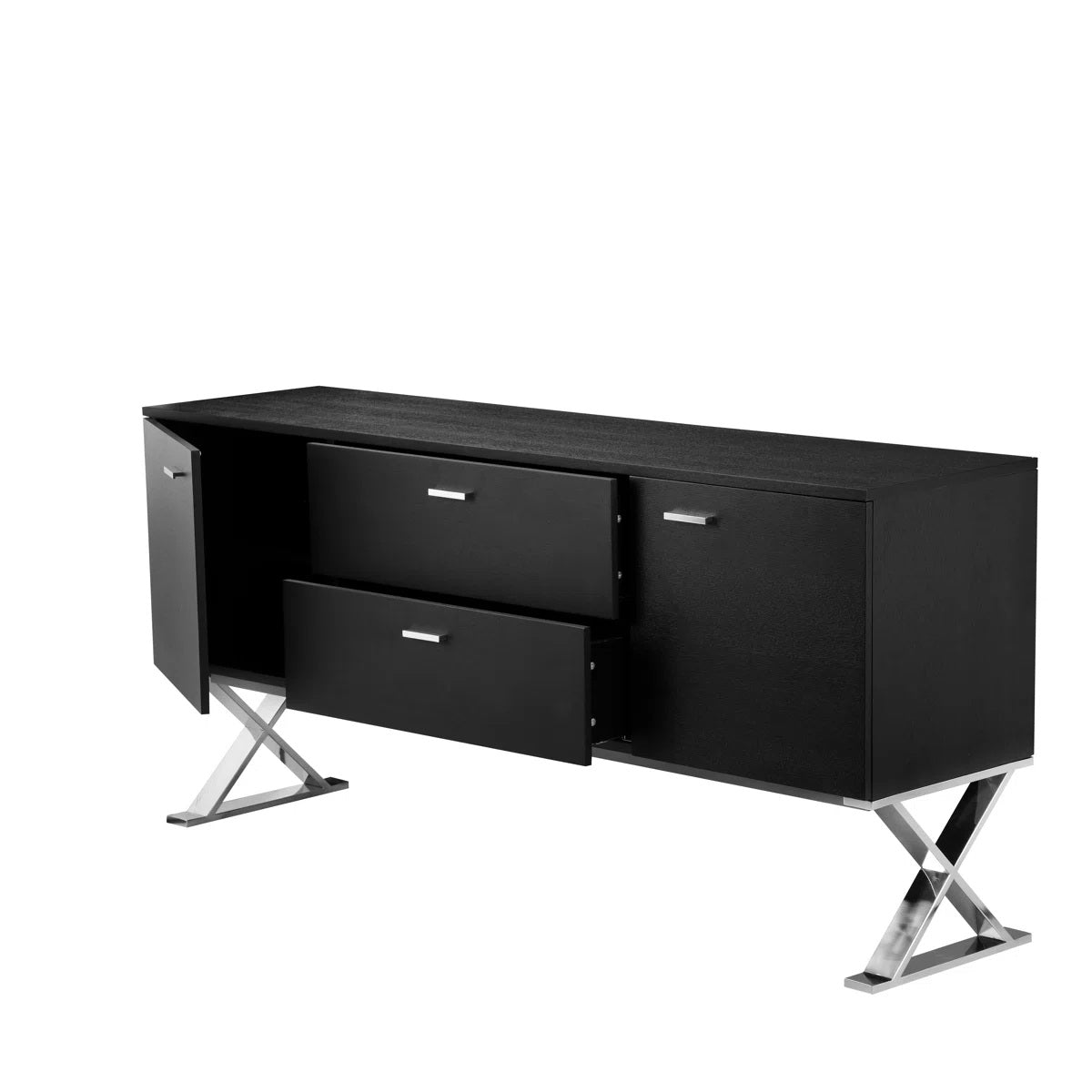 Black sideboard with silver metal legs on a white background