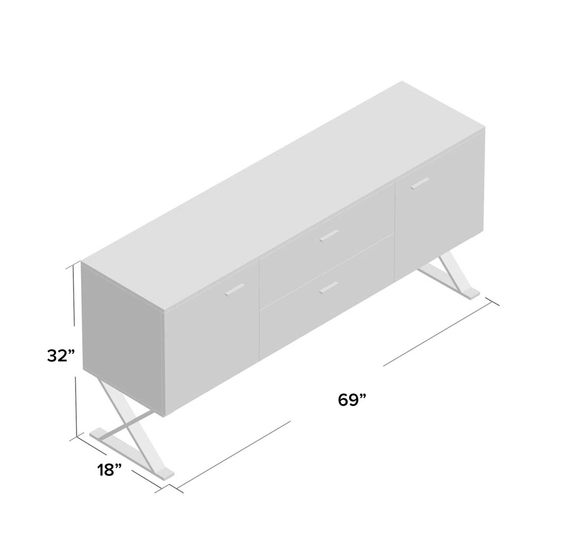Gray bench with dimensions labeled on a white background
