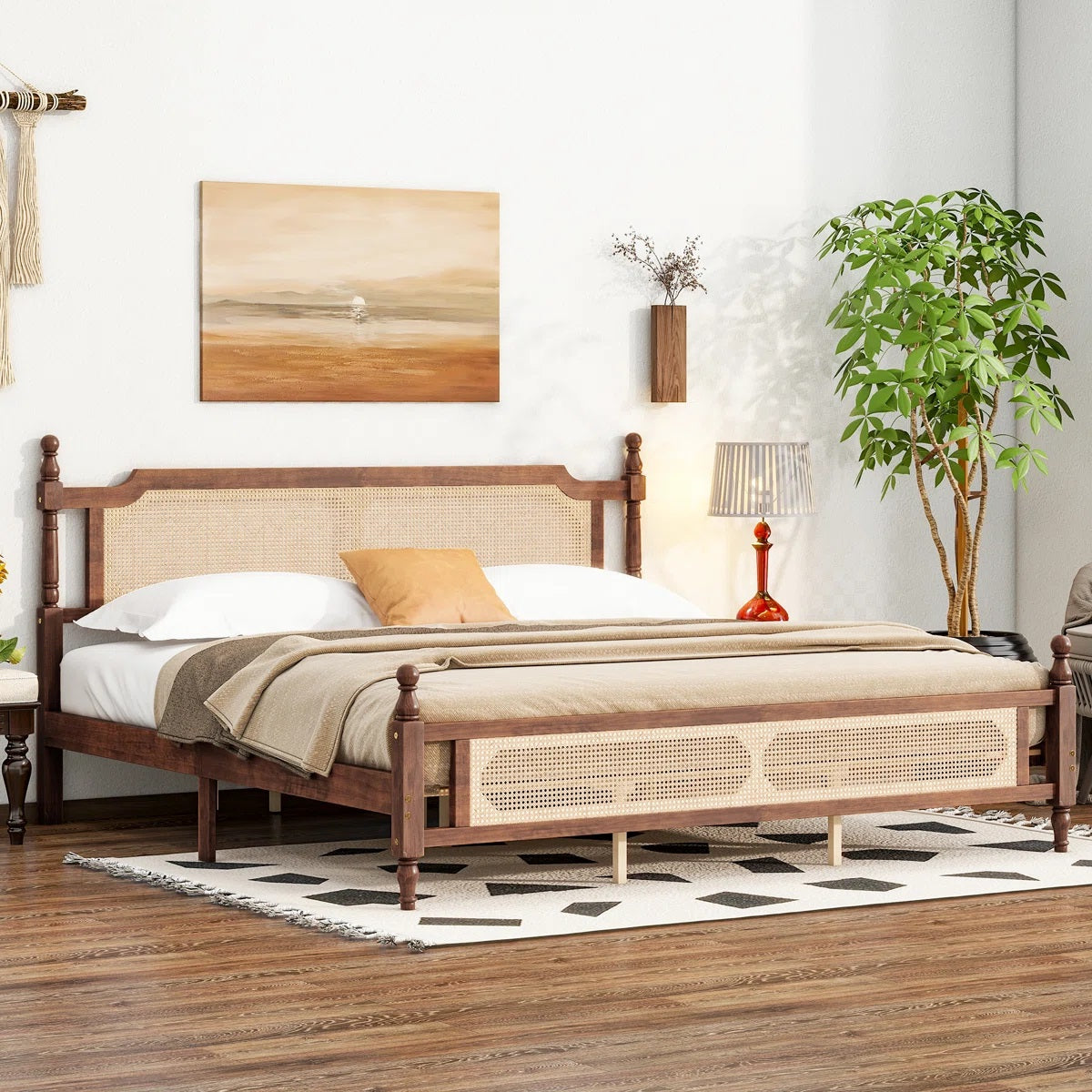 Solid Wood King Bed Cane Designed Headboard For Bedroom