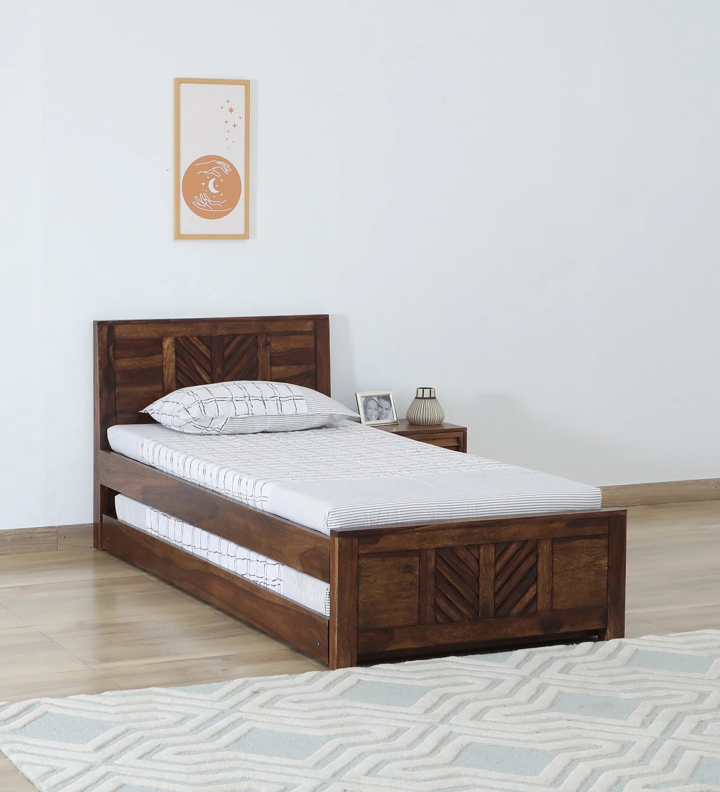 Sheesham Wood Single Bed In Provincial Teak Finish With Trundle