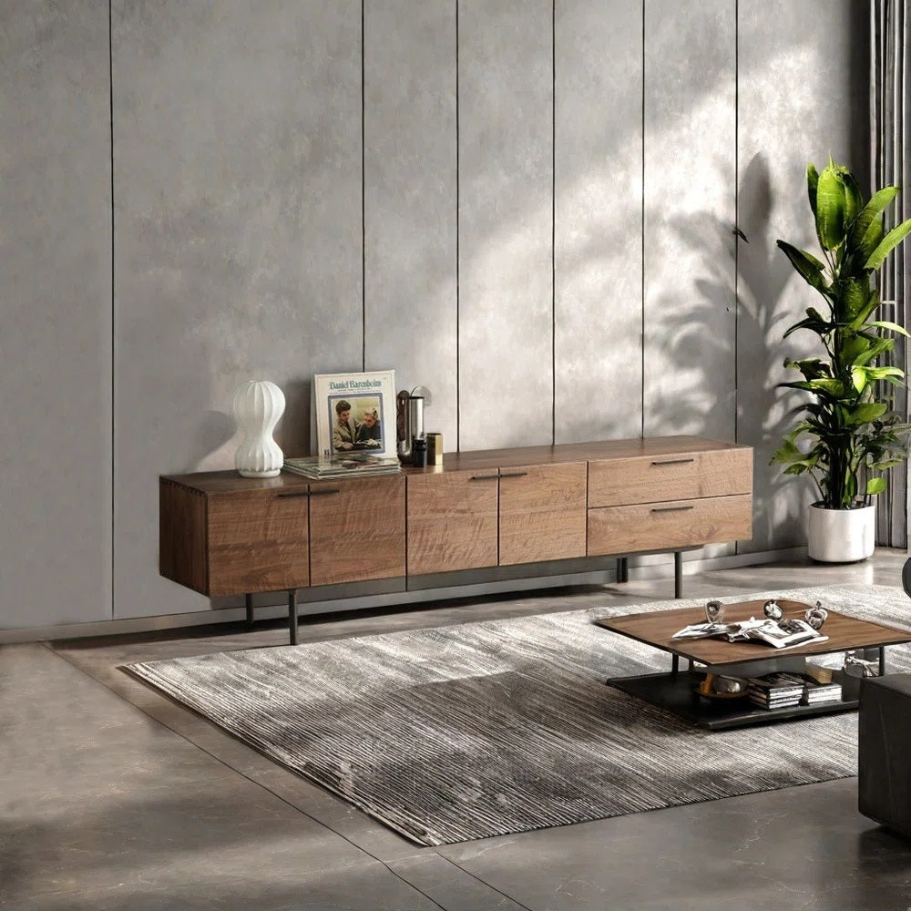 Solid Wood 4 Door 2 Drawer Tv Cabinet In Teak Finish for living room