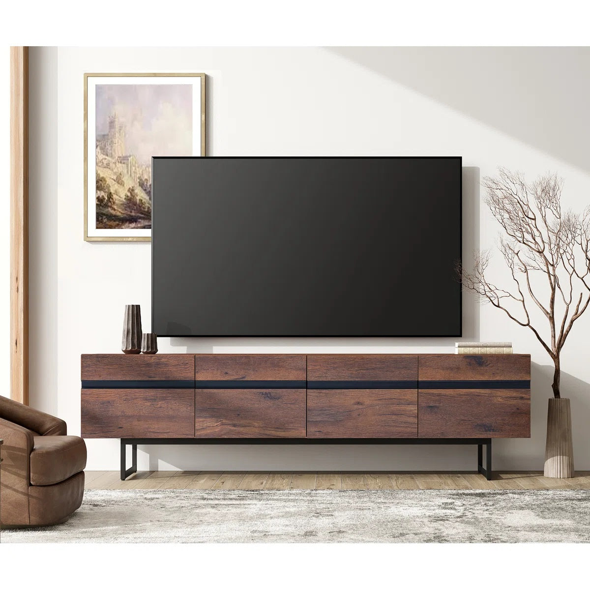 Solid Wood 4 Door Storage Tv Cabinet In Teak Finish for living room