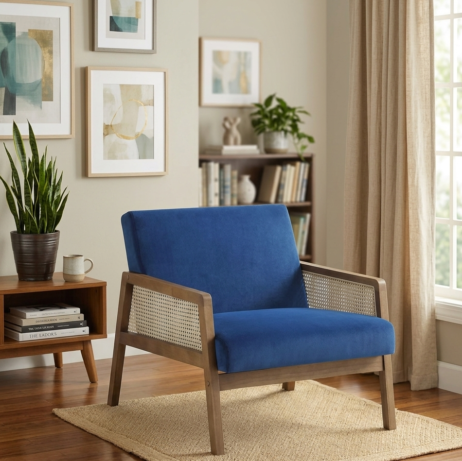 Roman Wooden Rattan Arm Chair Teak Wood Armchair for Living Room Bedroom (Dark Blue) Mid-Century Modern Velvet Accent Chair