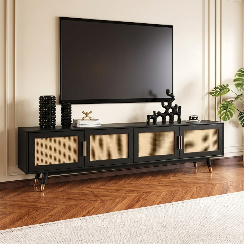 Wooden Tv Cabinet with 4 Door with Caning Design for Living Room (Black Finish)