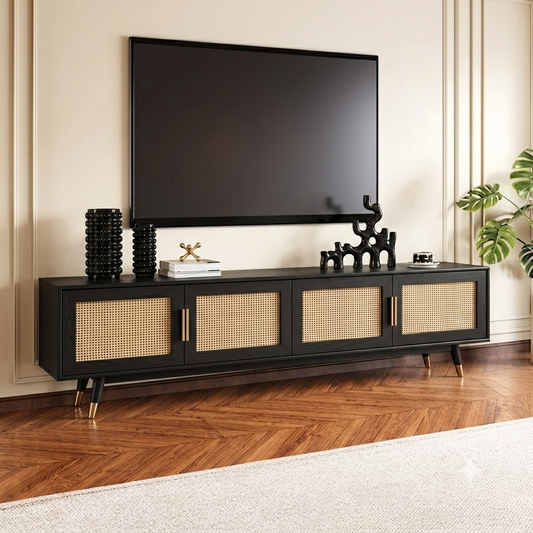 Wooden Tv Cabinet with 4 Door with Caning Design for Living Room (Black Finish)