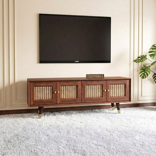 Wooden Tv Cabinet with 4 Door with Caning Design for Living Room (Honey Oak)