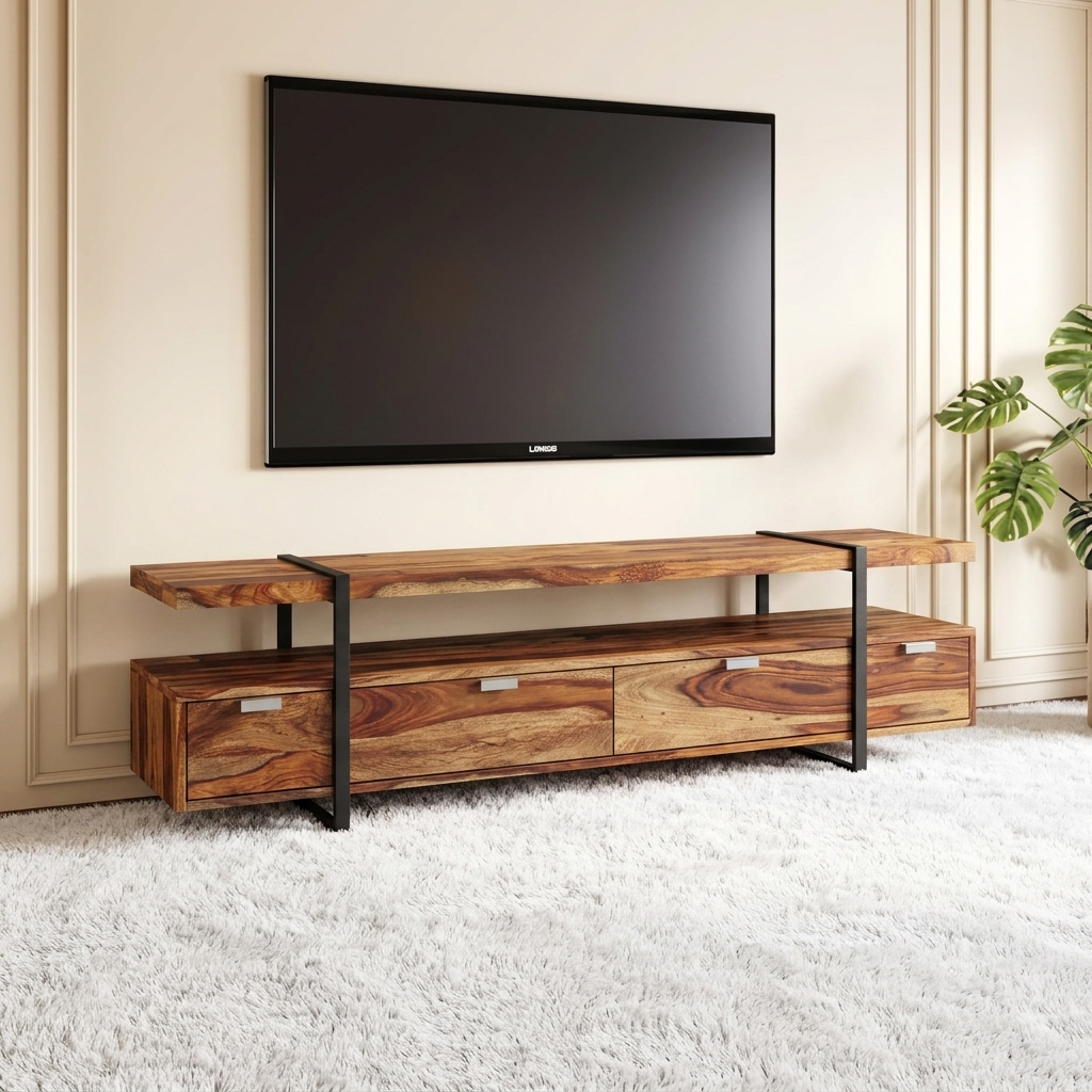 Reto Sheesham Solid Wood 4 Drawer Tv Unit With Open Shelf