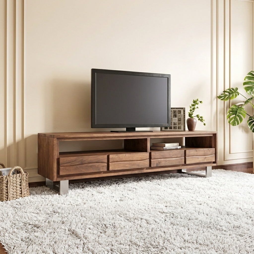 Solid Wood 4 Drawer Tv-Unit  With Open Shelf In Teak Finish
