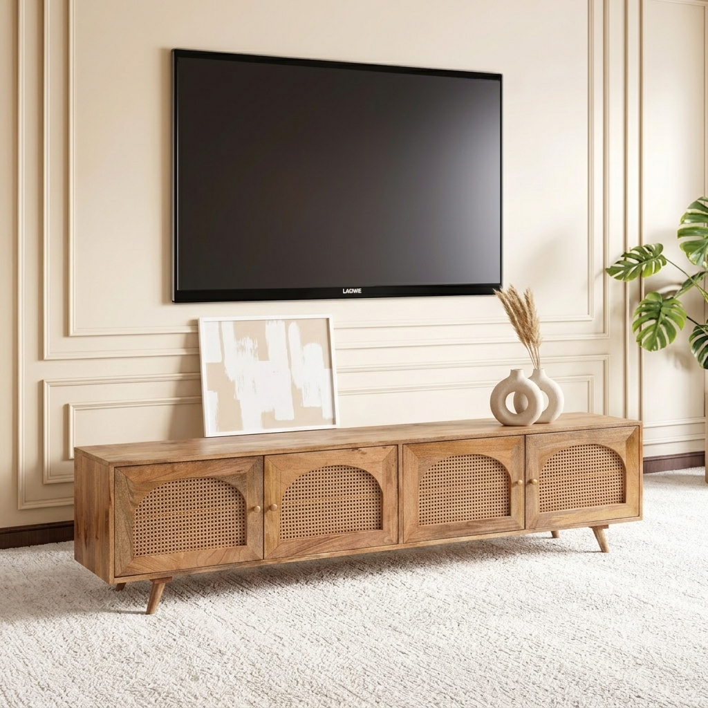 Mayra Solid Mango Wood 4 Door Tv Cabinet In Neutral Finish